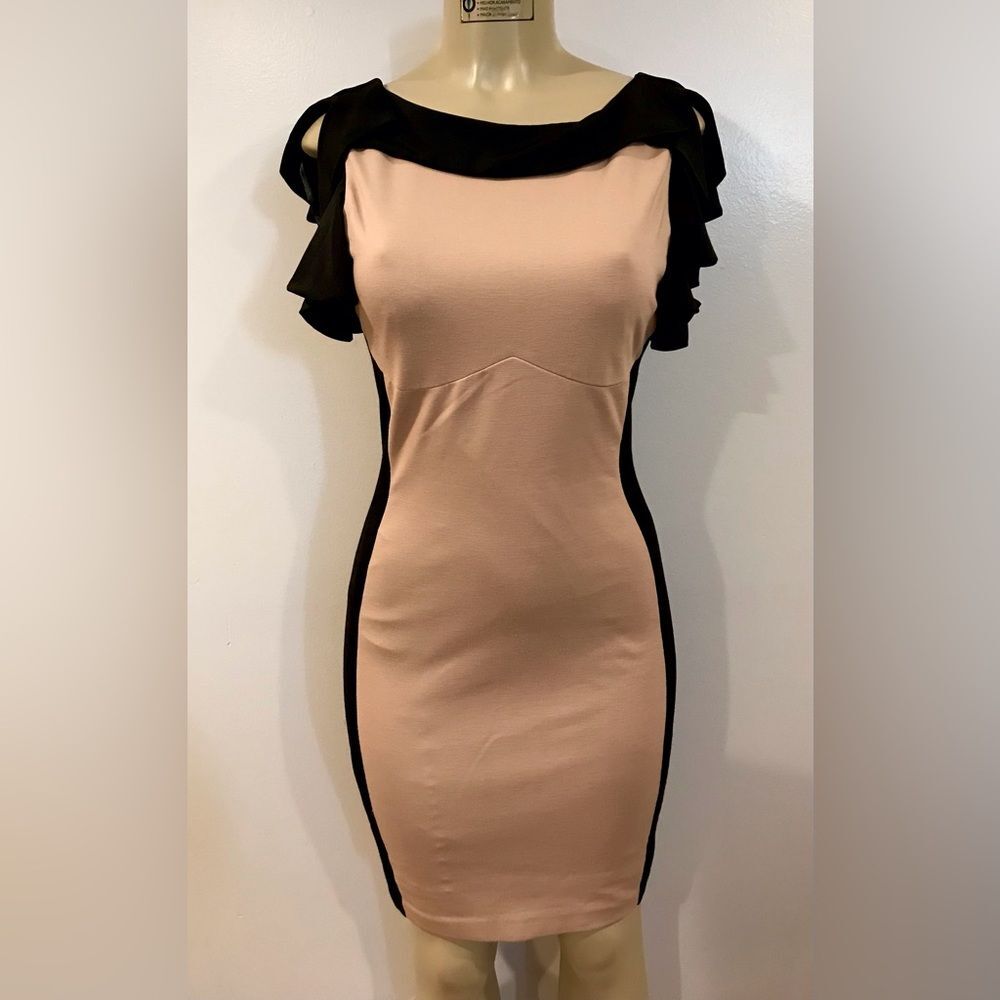 Vintage Ted Baker Bodycon Sheath Dress 2 Black Tan Flutter Sleeve Lined